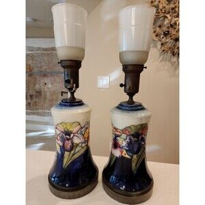 Pair of RARE Moorcroft Pottery Iris Torchiere Table Lamps Perfect